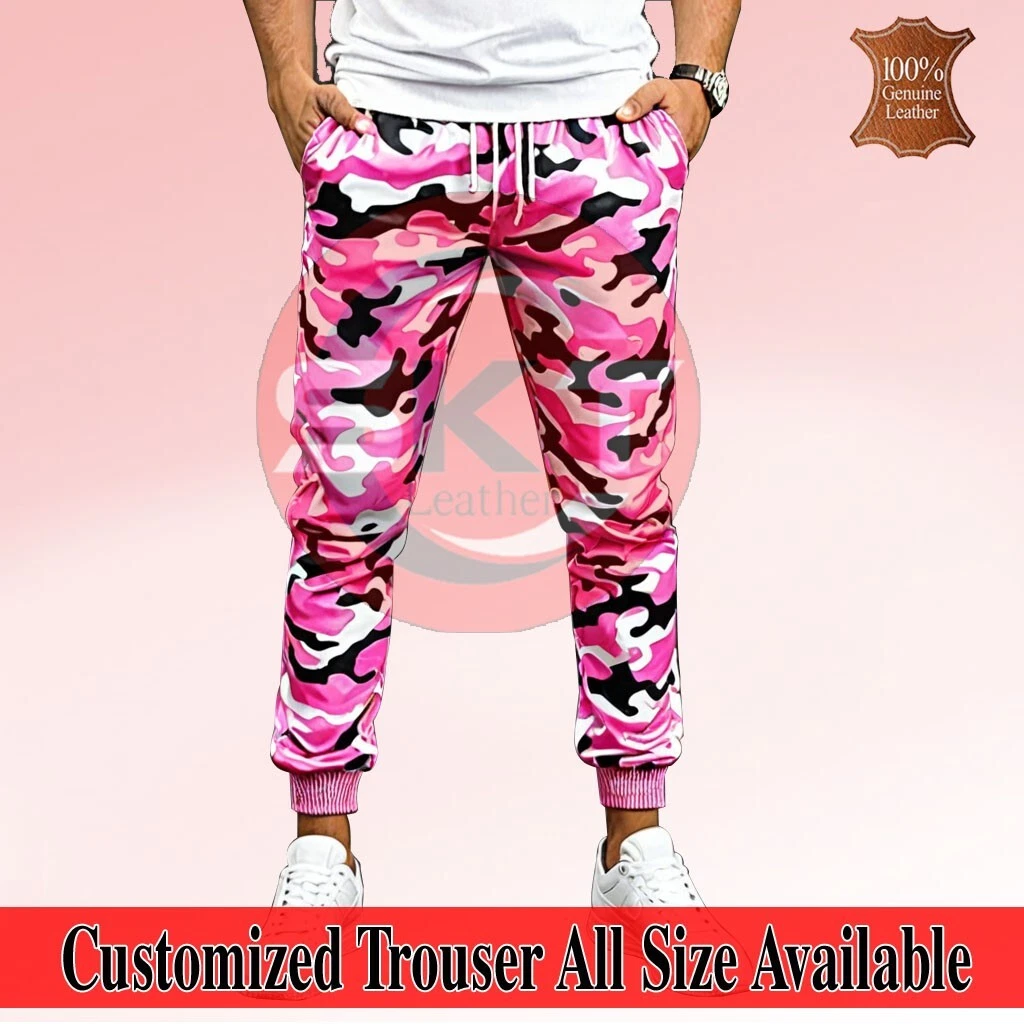 Mens Jogger Pink Camouflage Premium Real Soft Leather Jogging Trouser Draw Pants