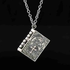 Holy Bible Book Silver Locket Necklace - Religious Prayer Christian Scripture