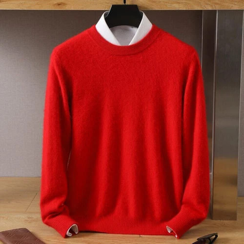 Winter Men's Mink Cashmere Round Neck Solid Color Autumn Pullover Warm Sweater - Picture 33 of 40
