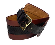 Vtg Calderon Snake  Leather Belt 2 Tone Black Mahogany Goldtone Buckle Sz M