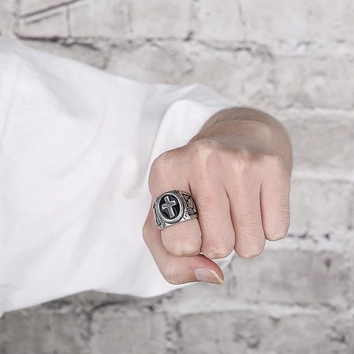 Men Ring Stainless Steel Religious Prayer Holy Cross Ring with Black Enamel C... - Picture 3 of 7