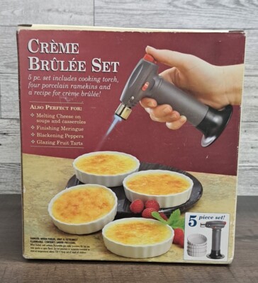 Bon Jour Creme Brulee Set 4 White Ramekins and Cooking Torch Cheese Meringue New