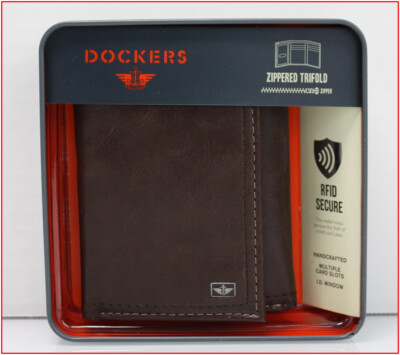 Dockers Men's LEATHER TRIFOLD Wallet - ZIPPER Area RFID Photo ID