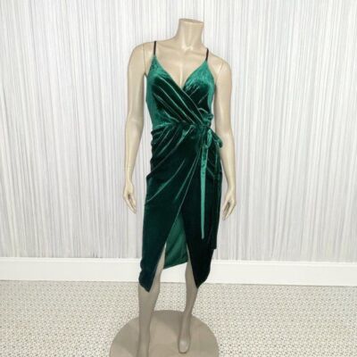 VERA & LUCY Medium Green Velvet Midi Wrap Dress Sleeveless Cocktail Party