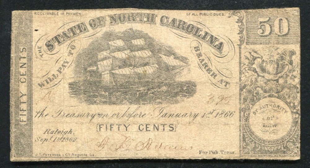 1862 North Carolina 50 Fifty Cents Raleigh Obsolete Currency Note M