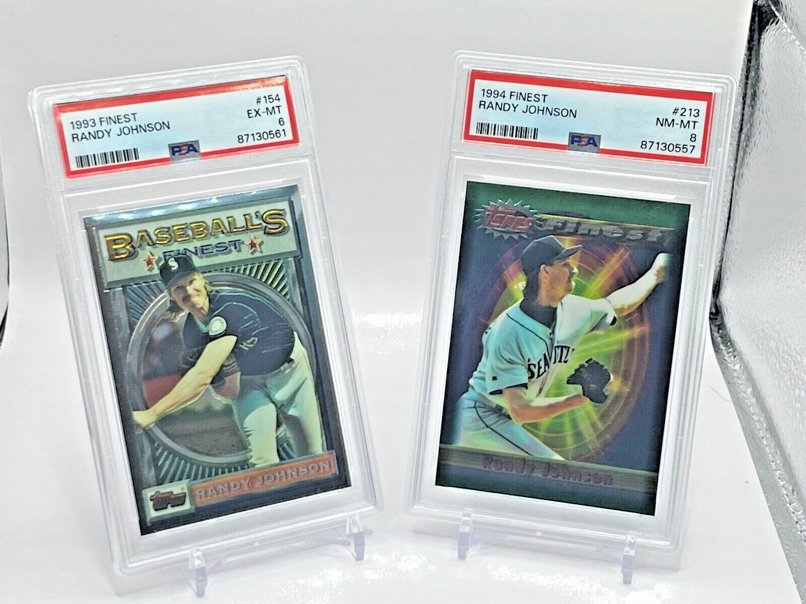 (TWO CARDS) 1993 & 1994 TOPPS  FINEST   "RANDY JOHNSON" CARD#213 & 154   PSA-8/6
