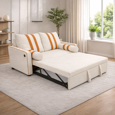 Beige 2 Seater Pull Out Sleeper Sofa Bed with USB Charging Port