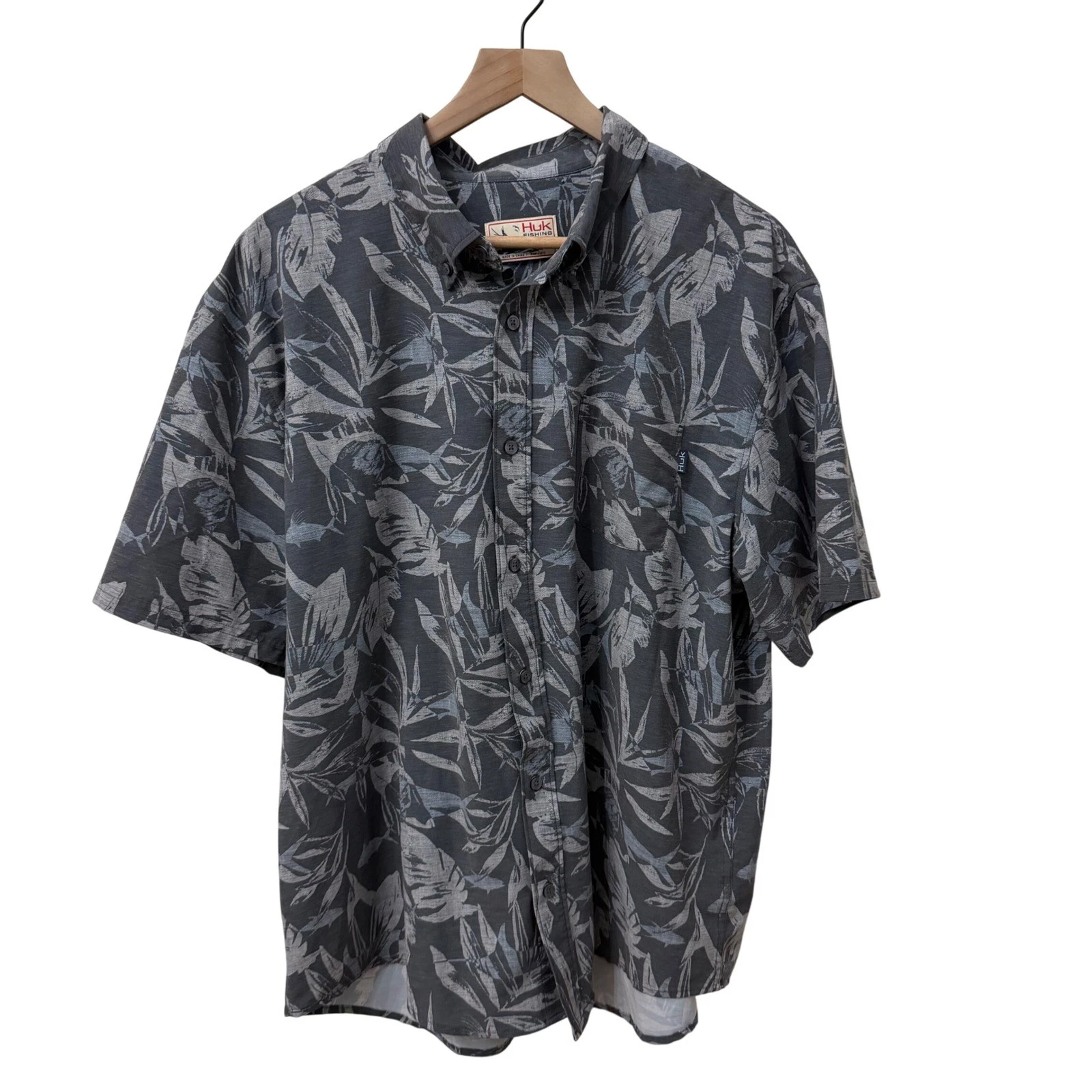 Huk Performance Fishing Shirt XL Grey Tropical Palm Leaf Fish Button Down
Opens in a new window or t