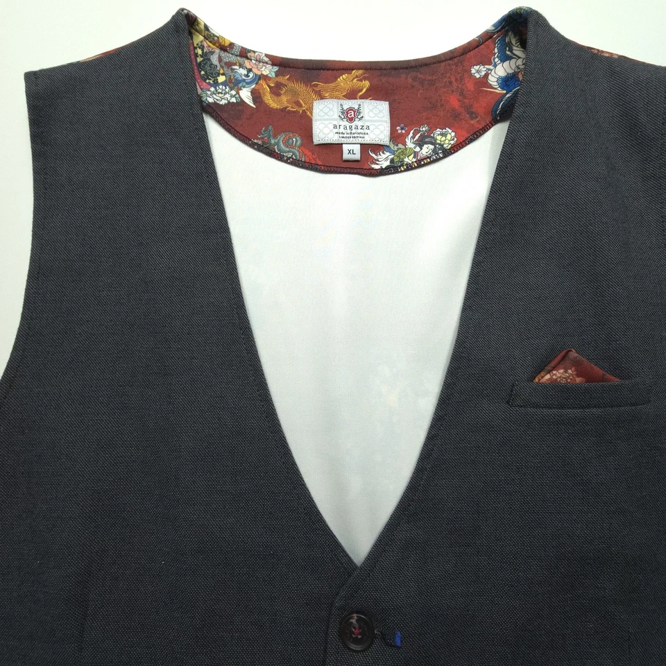 Aragaza Mens Vest XL Gray Burgundy Limited Edition Dragon Geisha Print Waistcoat - Image 3 of 4