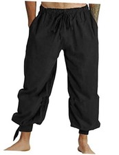 Mens Pirate Linen Pants Medieval Viking Navigator Costume Trousers Large Black