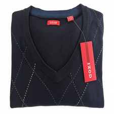 IZOD Men's Navy Blue Diamond Pattern V-Neck Sweater - Fine Gauge Knit - NWT