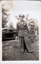 WW2 Photo of Soldier in Uniform Standing by Car Alternate Pose