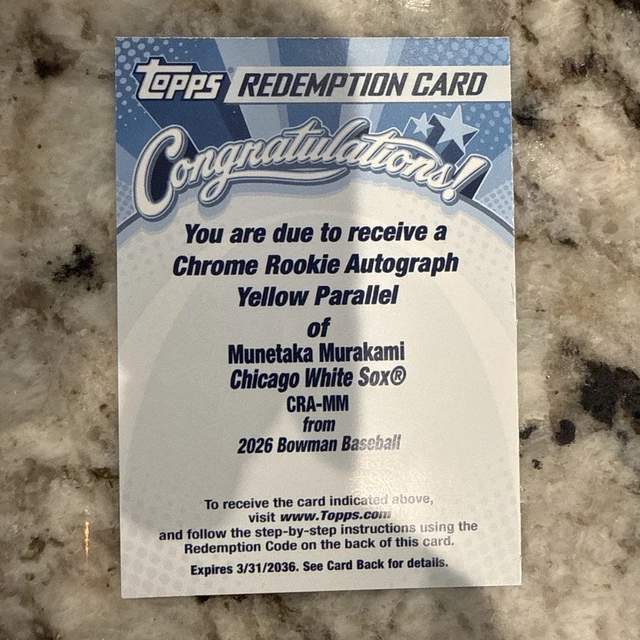Munetaka Murakami 2026 Bowman Chrome Rookie Auto Yellow Refractor Redemption /75