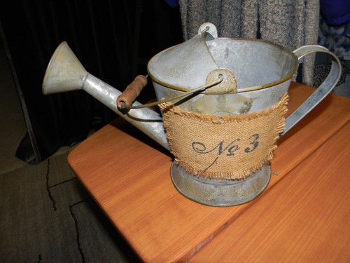 Vintage 1/2 Gallon Galvanized Metal Watering Can -No 3 in burlap on the front