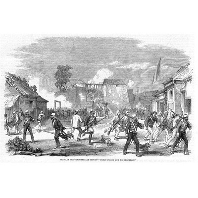 CHINA Panik in den Kommissariatsläden KANTON - antiker Druck 1858