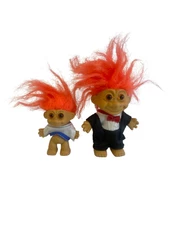2 x Vintage Troll Dolls Bright Orange Hair Tuxedo 11cm & 8.5cm Unbranded