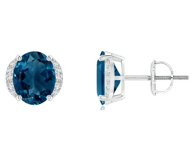 14k Solid Gold London Topaz & Diamonds Stud Earrings Oval Cut 2.70 Ctw Wife Gift