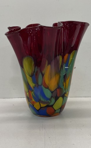 Art Glass Ruffled Vase Red Multi-Color Mosaic Pattern 12 Inch Vintage Large