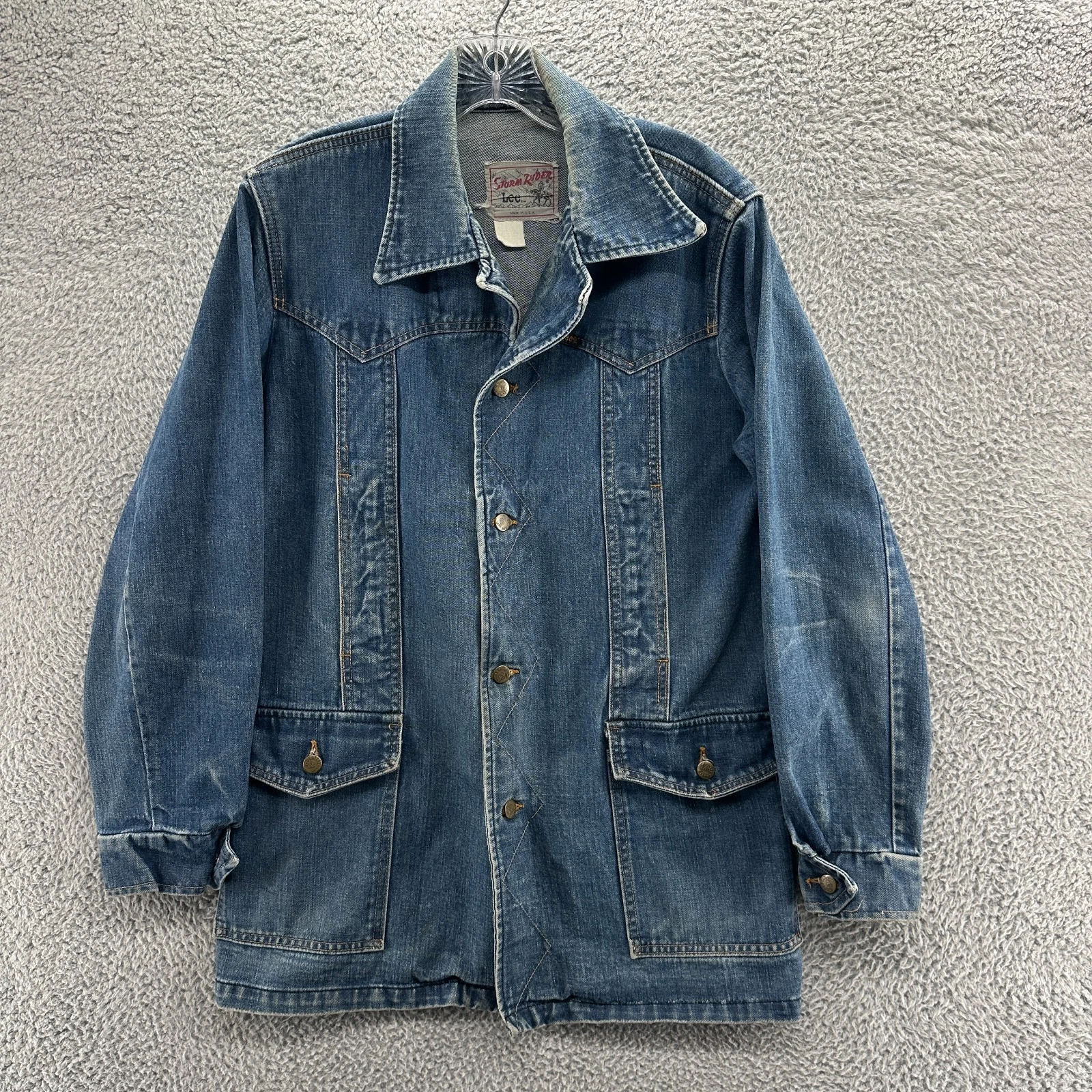 Vintage Lee Storm Rider Jacket Mens Small S Blue Chore 70s Denim Jeans Jacket
