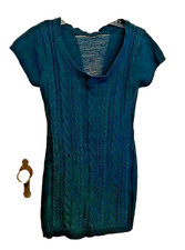 Pearl Sweater Dress Dark Green Short Sleeves Back has Shredded Area Size M