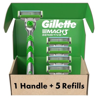 Gillette Mach3 Sensitive Razors for Men, 1 Handle, 5 Blade Refills, Designed for