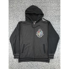 Harry Potter Hogwarts Crest Hoodie Mens Large Gray Black Good Zip Up Sweatshirt