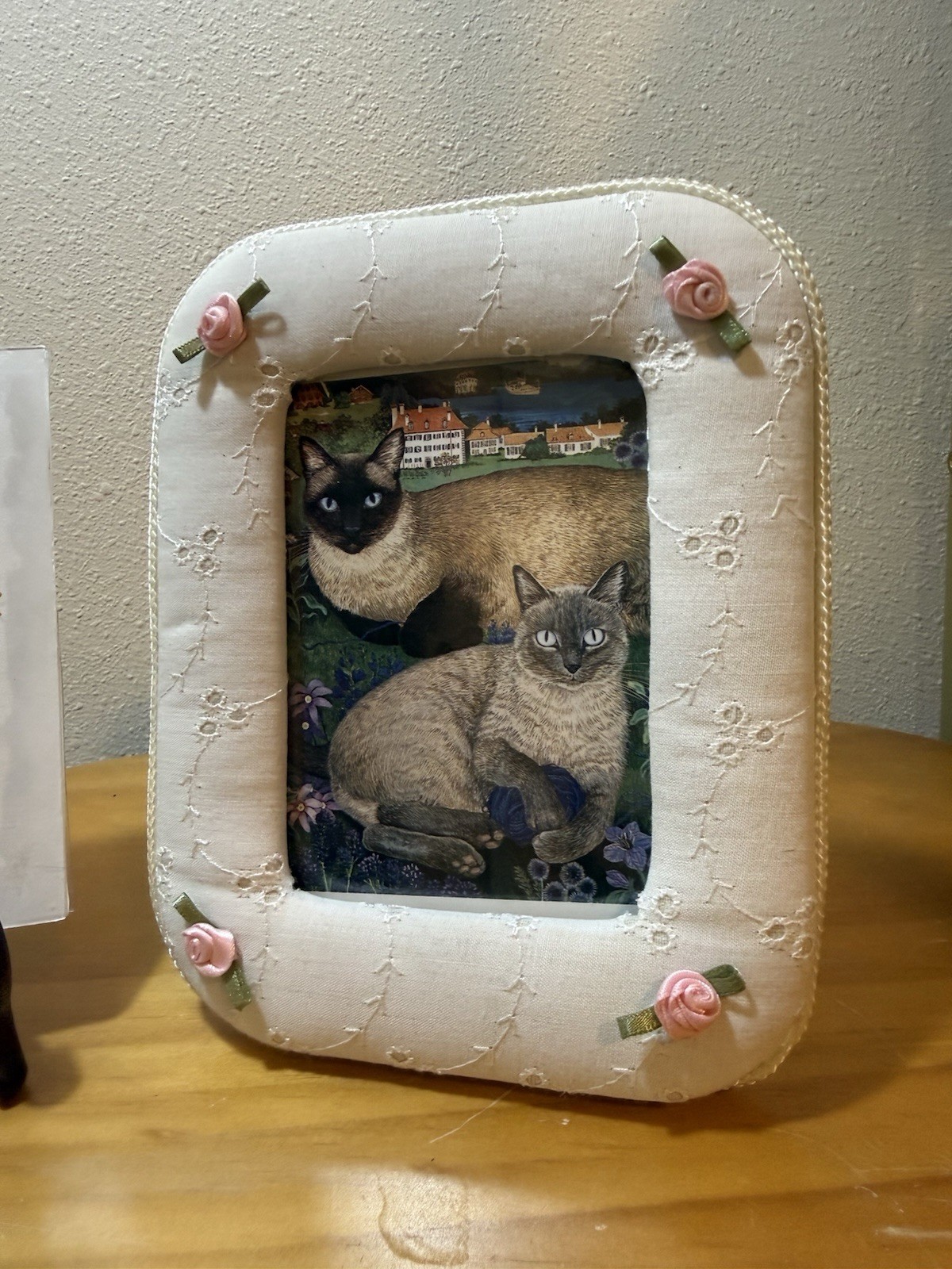 Vintage Fabric Frame With Vintage Cat Art Print Mimi Vang Olsen Artist Siamese
