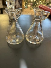 Vintage Hazel Atlas Gold Fleck Glass Oil & Vinegar Cruets with Charms 1 Stopper