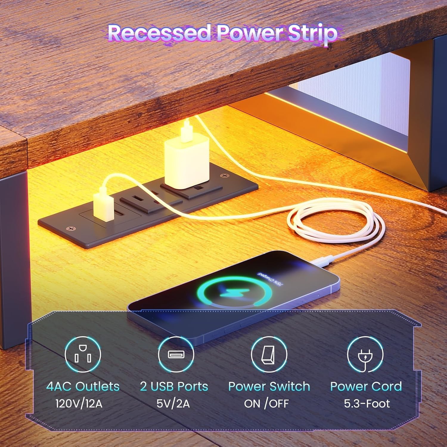 59" L Shaped Gaming Desk with 4 Drawers and LED Lights, Reversible Computer Desk