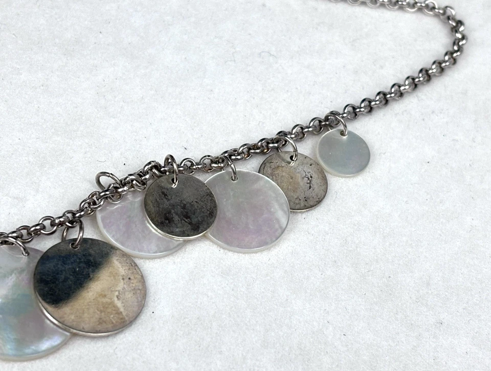 Collar y pulsera de plata de ley 925 colgante círculo disco redondo madreperla Foto 4 de 4