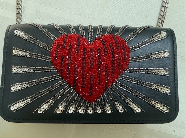 Les Petits Joueurs Ginny Heart Crossbody Purse Clutch Black Red Heart Sequins