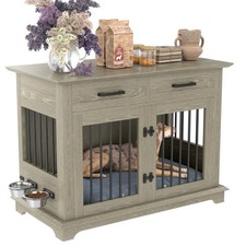 44 Inch Large Dog Crate Pet Kennel Cage End Table Furniture with Drawers  Bowls