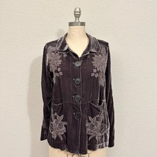 JOHNNY WAS Jacket Womens Sz S Plum Velvet Floral Embroidered Silk Blend Boho