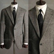 Tweed Men's Winter Suit Business Formal Jacket Warm Woolen 2Pcs Single Breasted