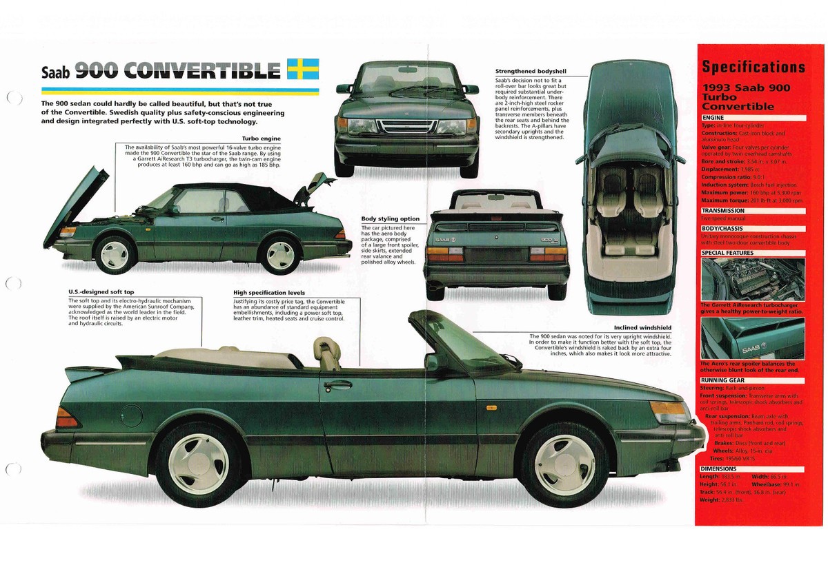 SAAB 900 Convertible SPEC SHEET/Brochure/Catalog:1993, | eBay