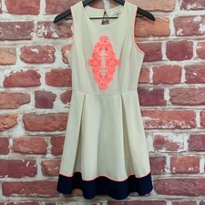 Anthropologie Sugarlips Dress Womens XS Cream Pink Navy Blue Boho Embroidered