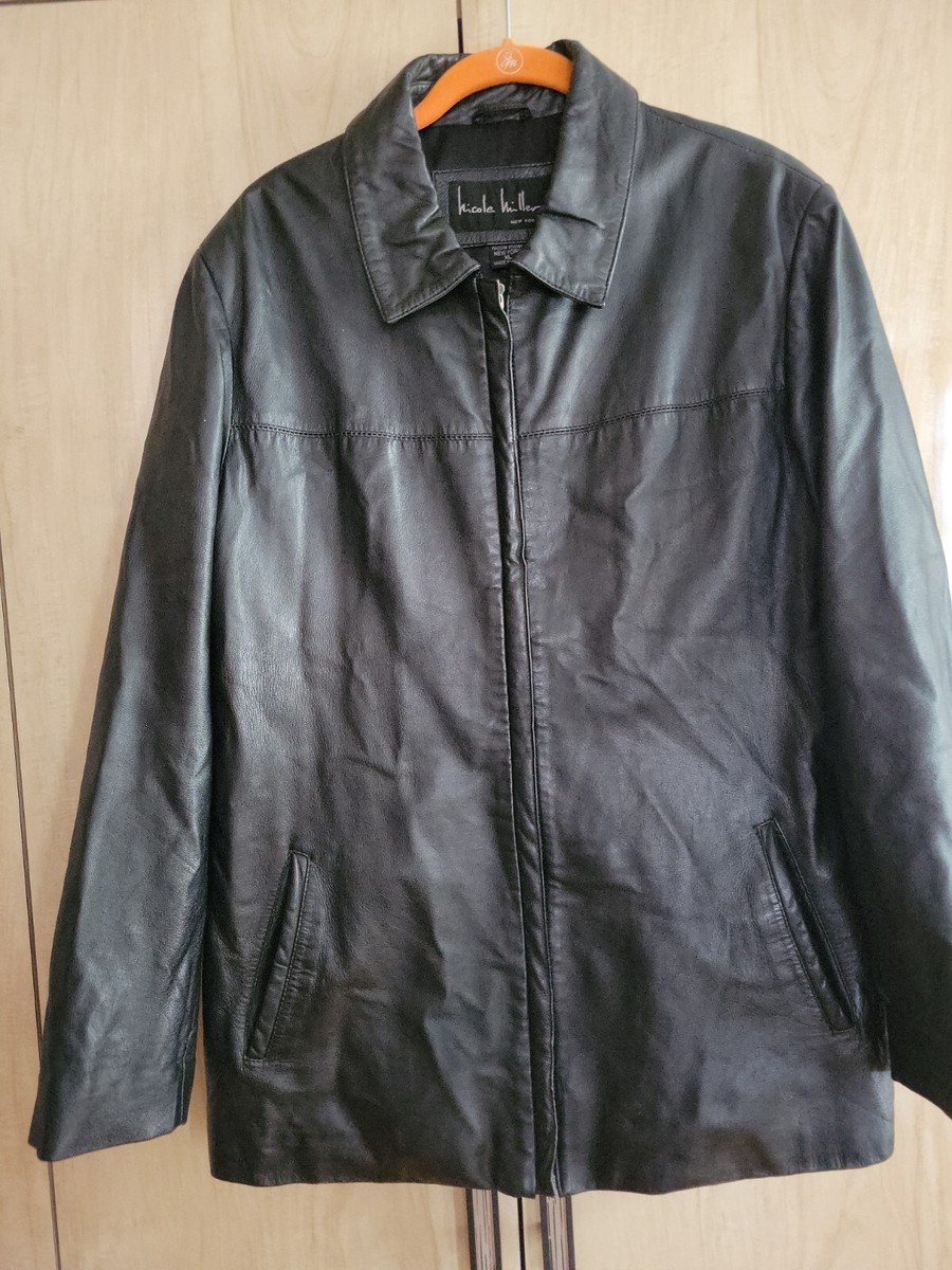Nicole Miller シープスキンレザージャケット Nicole Miller men's black leather button down quilted lined