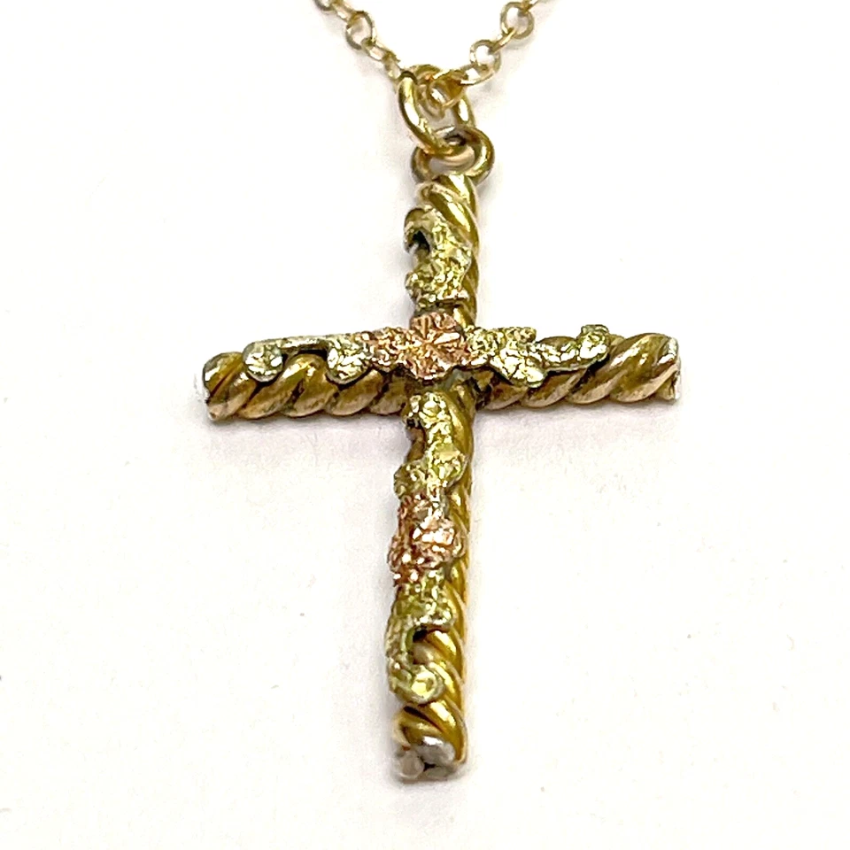 Colgante Cruz Dije Plata de Ley con Pepitas de Oro Amarillo 14k Cadena GF Foto 4 de 4