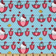 BTHY Hello Kitty Rain Or Shine Umbellar Heart Blue Cotton Fabric By Half Yard