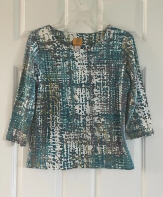 Ruby Rd Top Small 3/4 Sleeve Abstract Turquoise Stud Sequin Mermaidcore