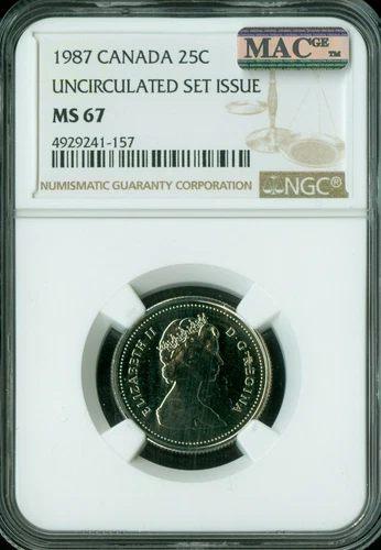 1987 CANADA 25 CENTS NGC MS67 PQ GRADE MAC SPOTLESS *