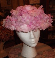 Vtg Pink Cream Silk Organza Floral W/ Turned Up Brim Mesh Interior Women's Hat