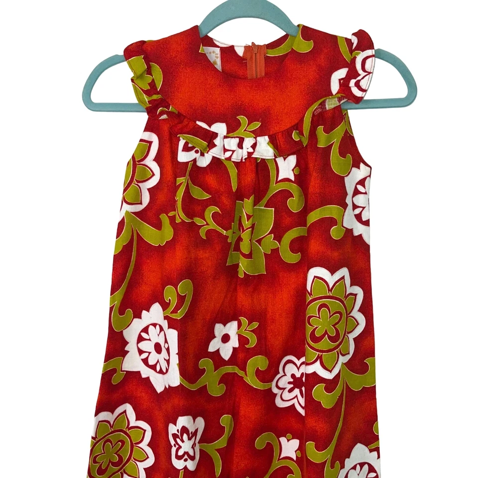 Vestido Hawaii Resort Shops Niñas Vintage Talla 10 Maxi Rojo Corteza Floral Cremallera Foto 3 de 4