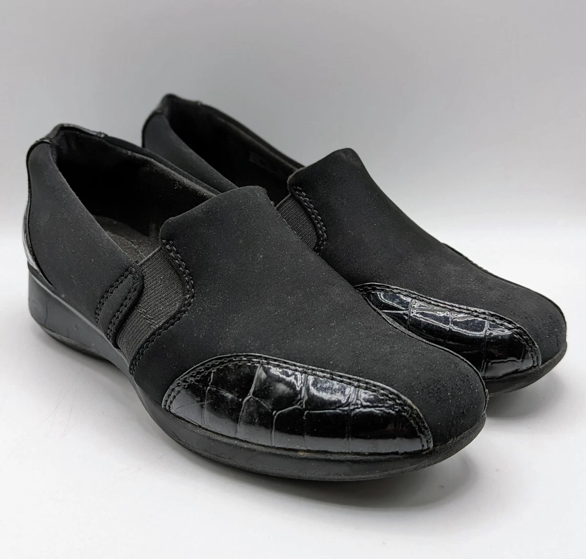 CLARKS BLACK CROC PRINT SLIP ON WEDGE LOAFERS SHOES WOMENS Size 6