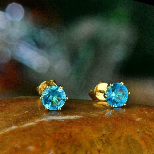 Pretty Stud Earring 2Ct Round Cut Lab Created Blue Topaz 14K Yellow Gold Plated - Picture 2 of 4
