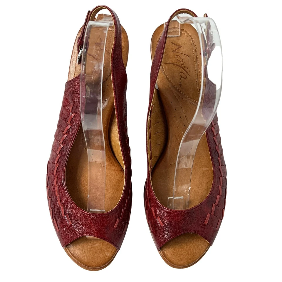 Naya Fandanga Red Leather Peep Toe Sling Back Buckle Bamboo Block Heel Pumps 8.5 - Image 2 of 4