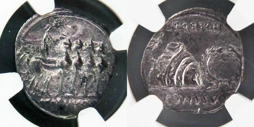 Augustus (27 BC-AD 14). AR denarius (19mm, 3.29 gm). NGC XF 4/5 - 2/5, Quadriga.
