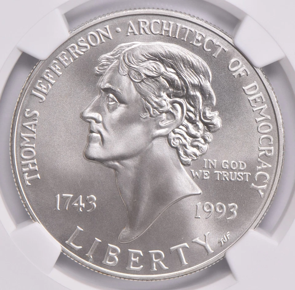 MS70 1993-P Jefferson Commem. Silver Dollar Coin & Currency NGC Brown Lbl *1446 - Image 3 of 4