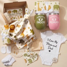 Baby Shower Gift Set: Mom  Dad Tumblers, Swaddle  Newborn Essentials Box