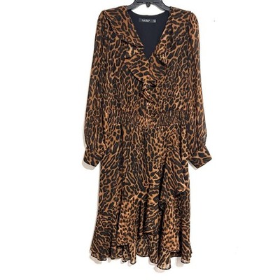 Lauren Ralph Lauren Ocelot Animal Print Dress Ruffle Trimmed Faux Wrap EUC sz 14